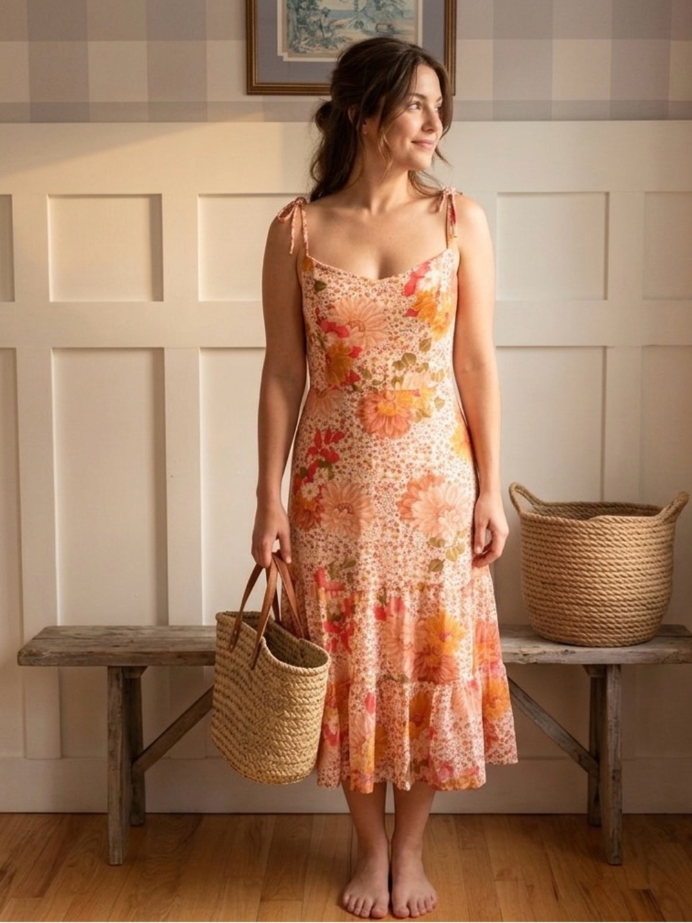 As U Wish Floral Midi Dress in Pink‎ and Orange Size Large Summer Boho